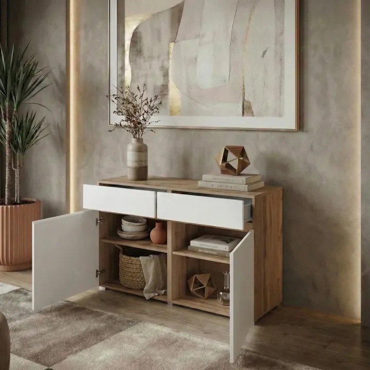 Madia moderna 120x78h cm 2 ante 2 cassetti bianco rovere Lolla