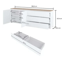 Madia moderna 200x68h cm 2 ante 3 cassetti bianco rovere Ischia