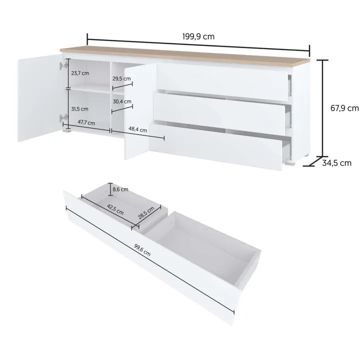Madia moderna 200x68h cm 2 ante 3 cassetti bianco rovere Ischia