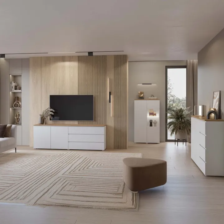 Madia moderna 200x68h cm 2 ante 3 cassetti bianco rovere Ischia