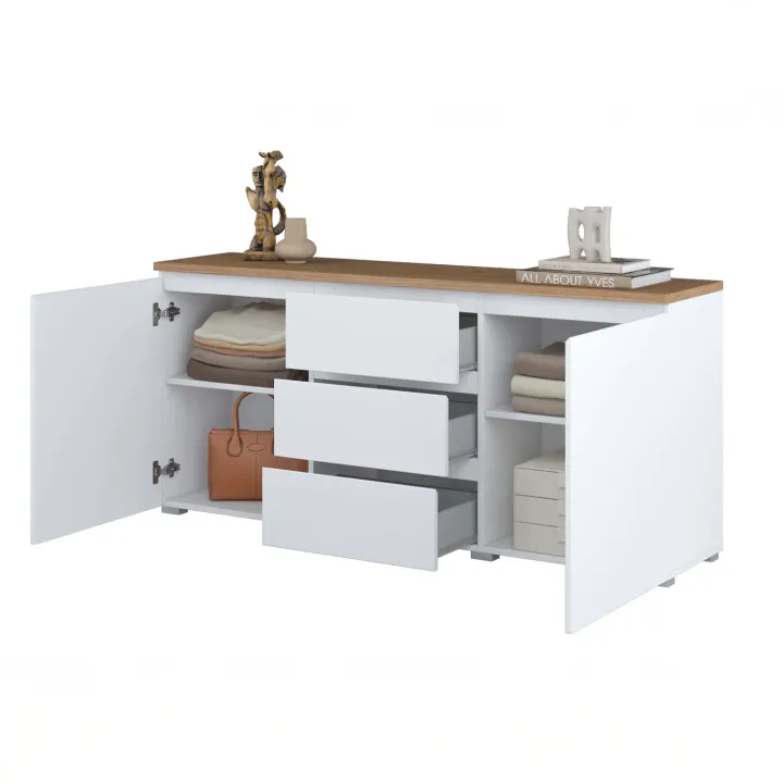 Madia moderna 150x68h cm 2 ante 3 cassetti bianco rovere Ischia