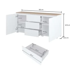 Madia moderna 150x68h cm 2 ante 3 cassetti bianco rovere Ischia