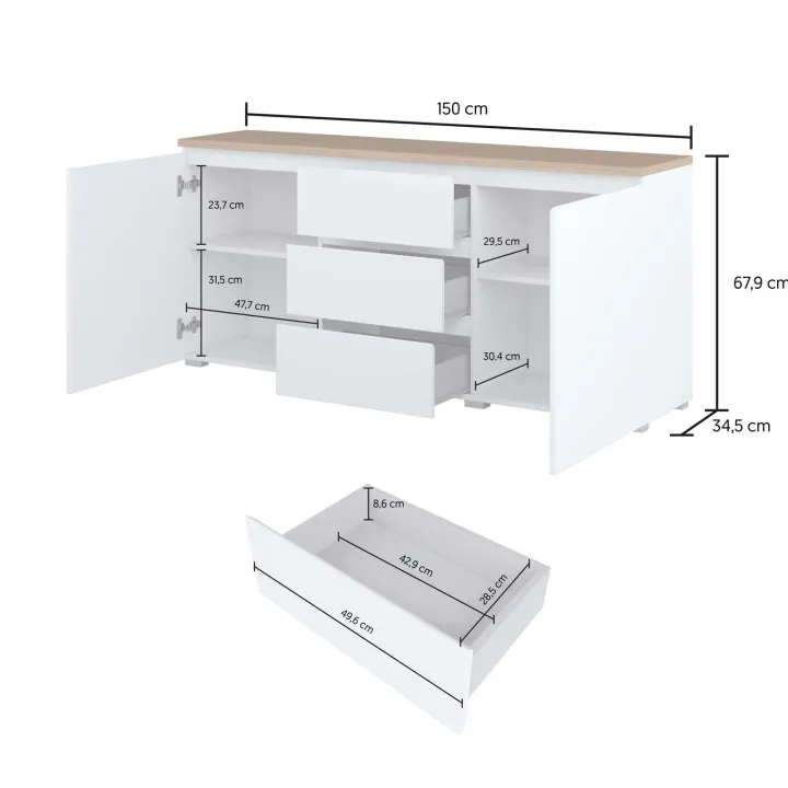 Madia moderna 150x68h cm 2 ante 3 cassetti bianco rovere Ischia