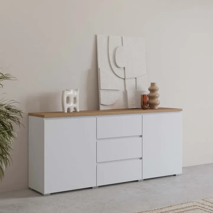 Madia moderna 150x68h cm 2 ante 3 cassetti bianco rovere Ischia