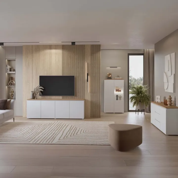 Madia moderna 150x68h cm 2 ante 3 cassetti bianco rovere Ischia