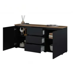 Madia moderna 150x68h cm 2 ante 3 cassetti nero rovere Ischia