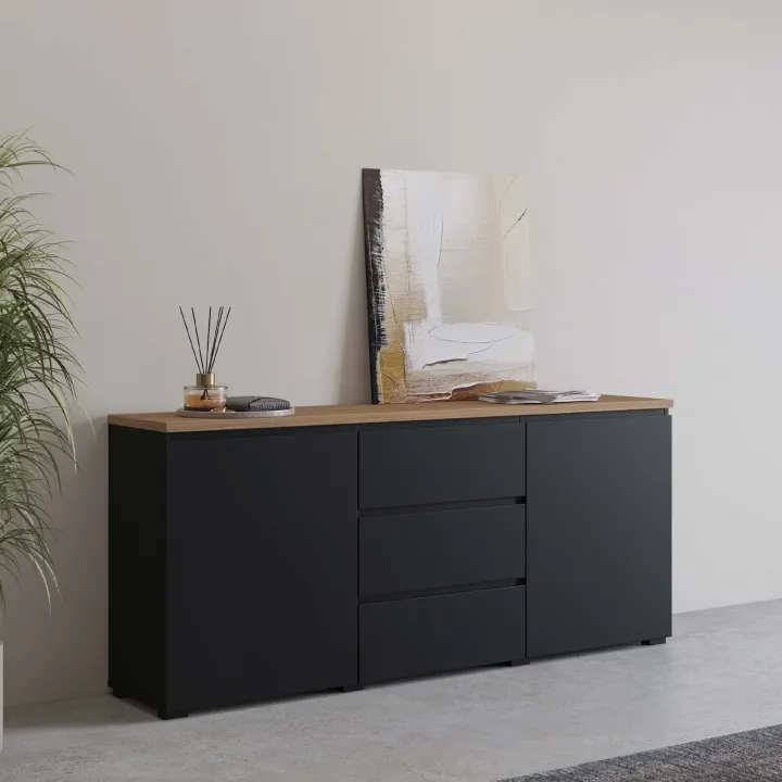 Madia moderna 150x68h cm 2 ante 3 cassetti nero rovere Ischia