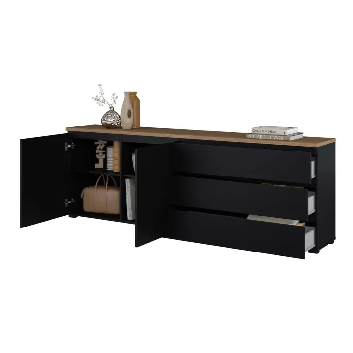 Madia moderna 200x68h cm 2 ante 3 cassetti nero rovere Ischia