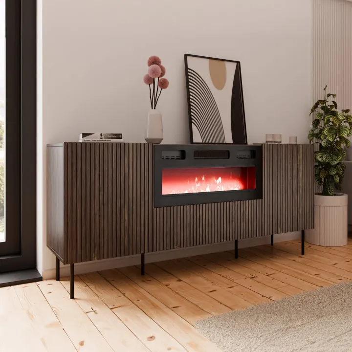 Madia moderna 181x81h cm 3 ante con caminetto elettrico noce cannettato Gabiot