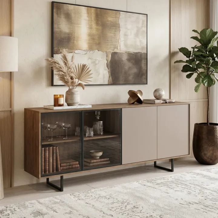 Madia moderna 200x87h cm 4 ante con vetrina rovere scuro tortora Domus