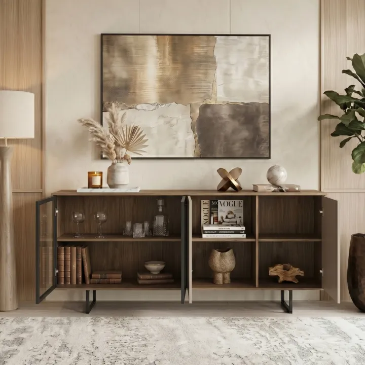 Madia moderna 200x87h cm 4 ante con vetrina rovere scuro tortora Domus