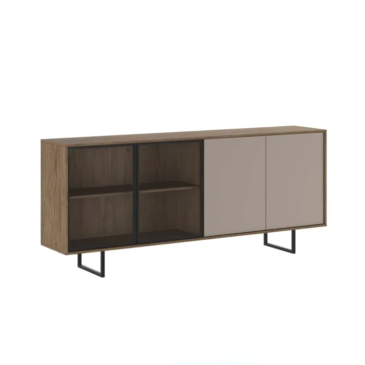 Madia moderna 200x87h cm 4 ante con vetrina rovere scuro tortora Domus