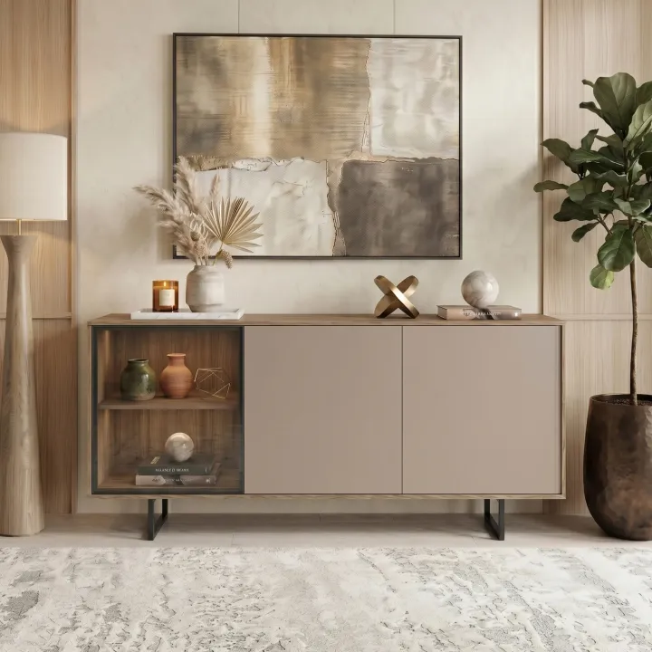 Madia moderna 151x87h cm 3 ante con vetrina rovere scuro tortora Domus