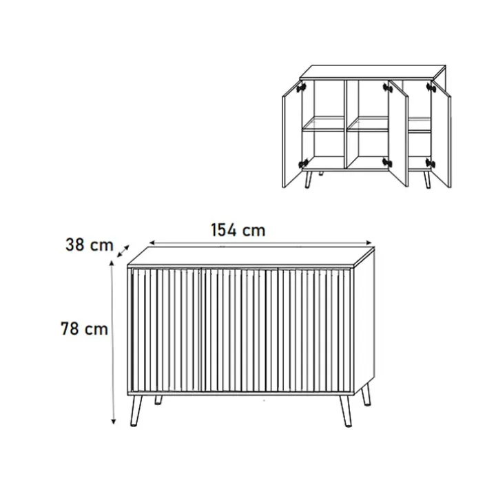 Madia moderna 154x78h cm 3 ante nero cannettato Celestia