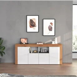 Madia moderna 200x85h cm bianco lucido rovere Block