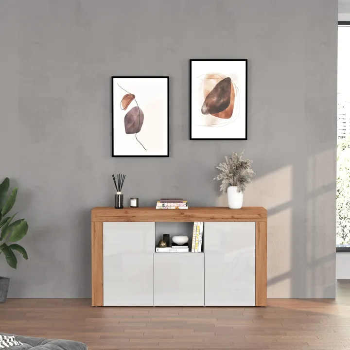Madia moderna 155x85h cm bianco lucido rovere Block