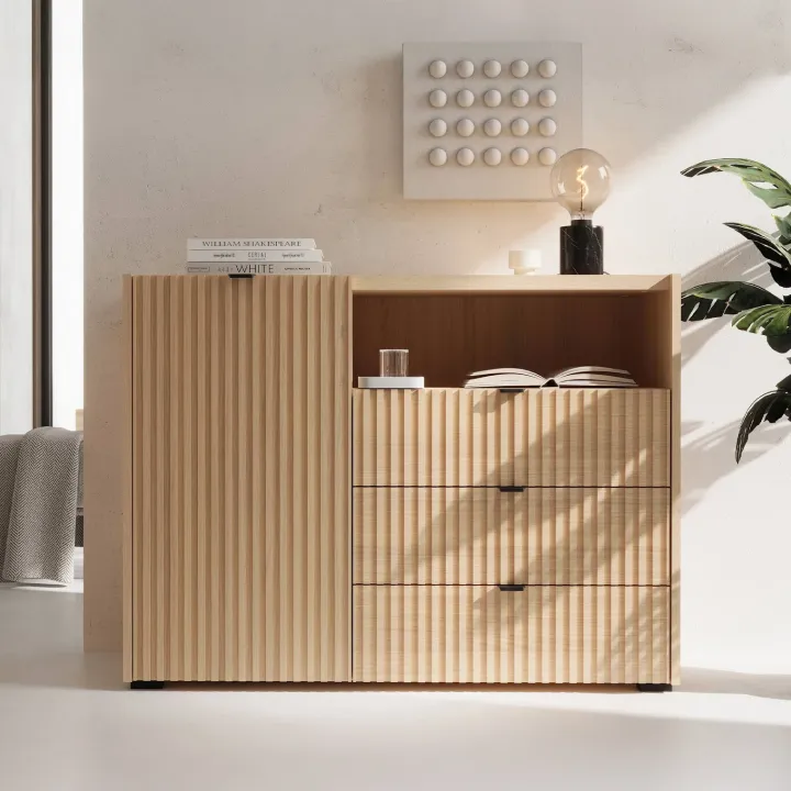 Madia moderna 106x80h cm cannettato 3 cassetti rovere Sally
