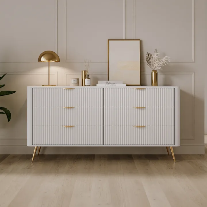 Madia moderna 163x81h cm 6 cassetti moderna bianco opaco cannettato Ramis