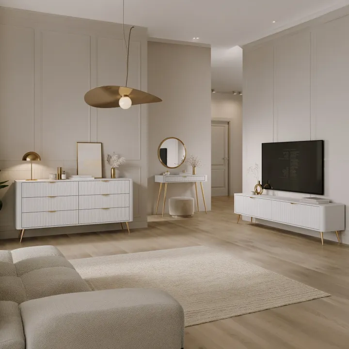 Madia moderna 163x81h cm 6 cassetti moderna bianco opaco cannettato Ramis