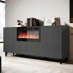 Madia moderna 181x83h cm con camino elettrico cannettato antracite Essence