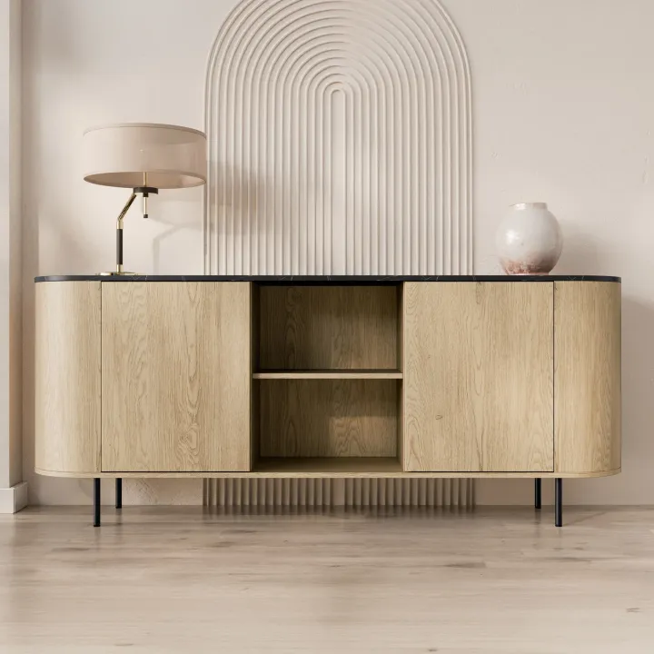 Madia moderna 184x75h cm 2 vani rovere effetto marmo nero Roundi