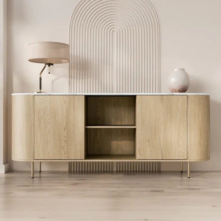 Madia moderna 184x75h cm 2 vani rovere effetto marmo bianco Roundi