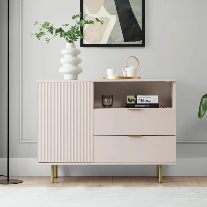 Madia 107x80h cm 1 anta 2 cassetti cannettato moderna beige Vanessa