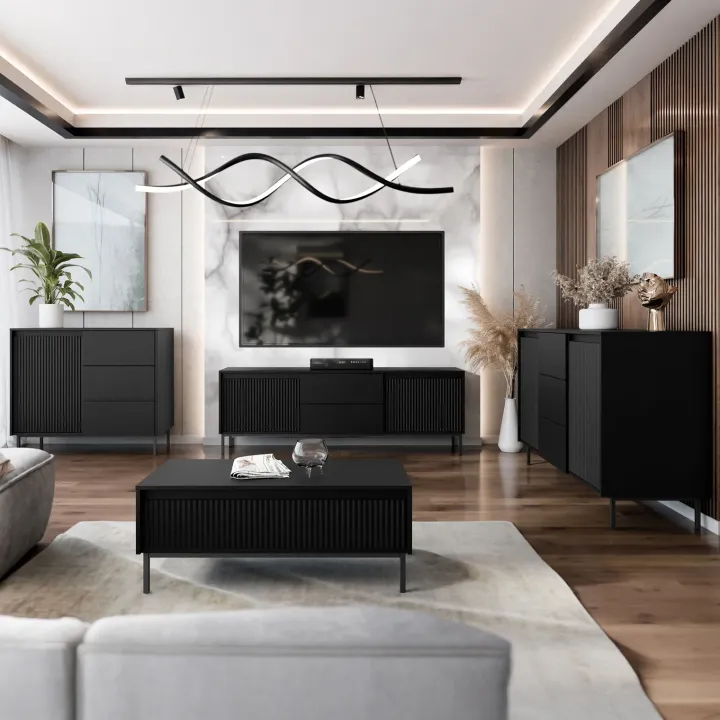 Madia 103x90h cm 1 anta 3 cassetti design cannettato nero Strike