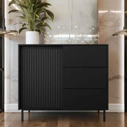 Madia 103x90h cm 1 anta 3 cassetti design cannettato nero Strike