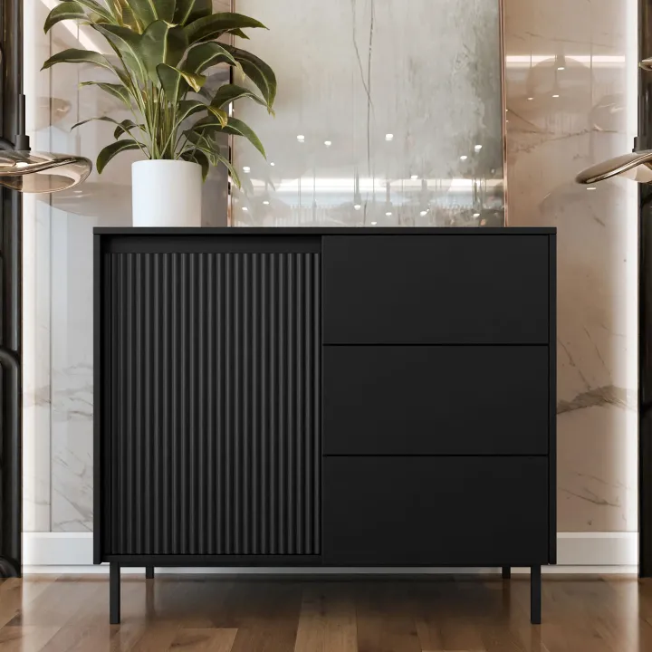 Madia 103x90h cm 1 anta 3 cassetti design cannettato nero Strike