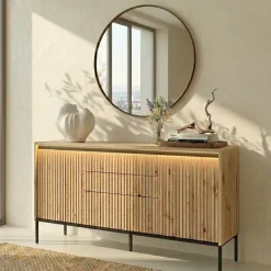Madia 166x83h cm 2 ante 3 cassetti con led cannettato rovere rustico nero Camelia