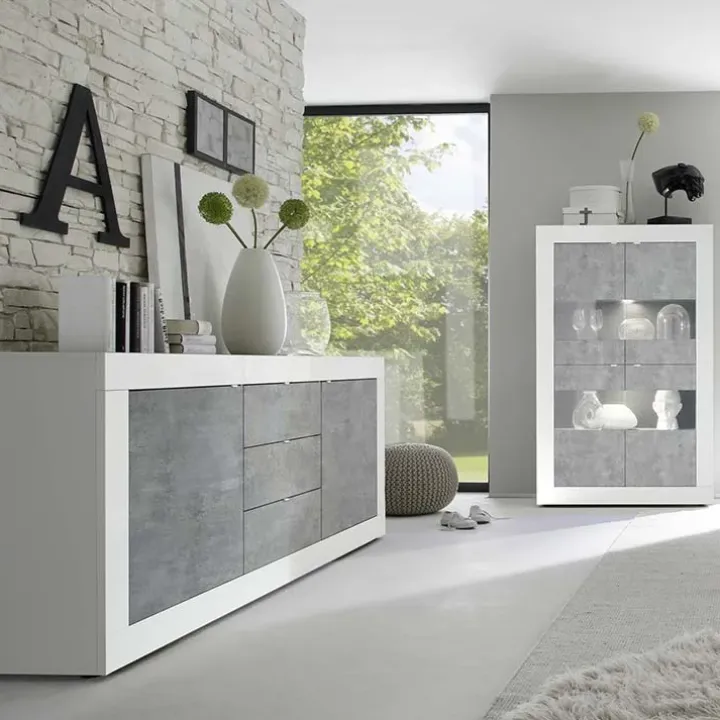Madia 210x86h cm 2 ante 3 cassetti moderna bianco lucido cemento Eternity