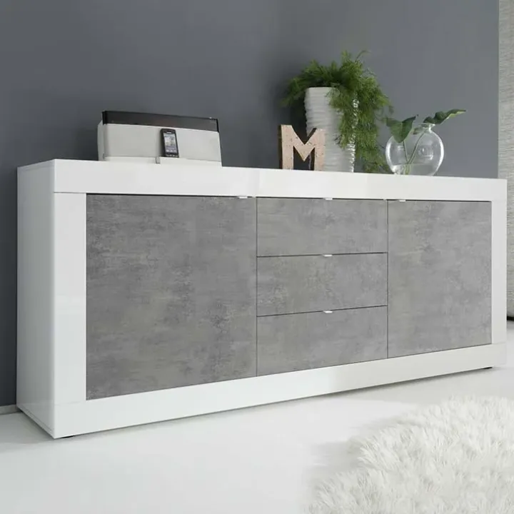 Madia 210x86h cm 2 ante 3 cassetti moderna bianco lucido cemento Eternity