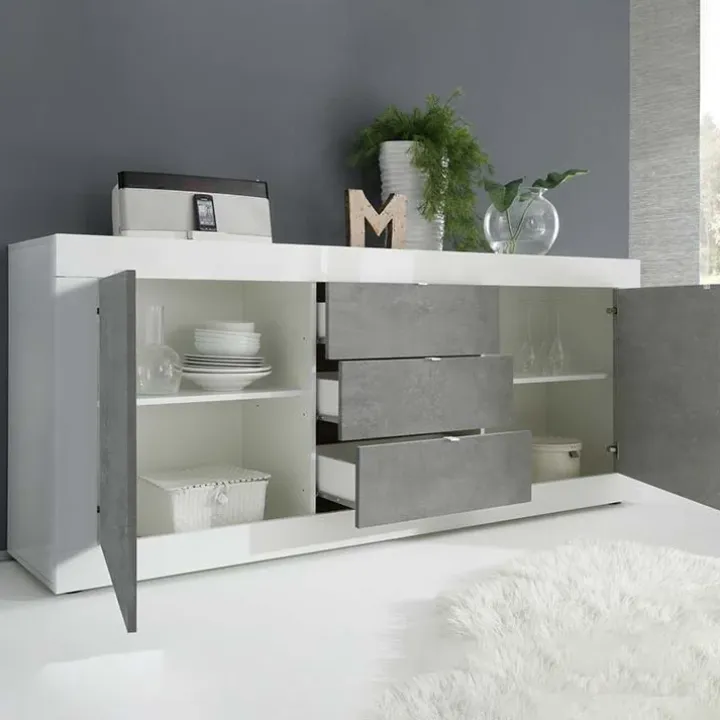 Madia 210x86h cm 2 ante 3 cassetti moderna bianco lucido cemento Eternity
