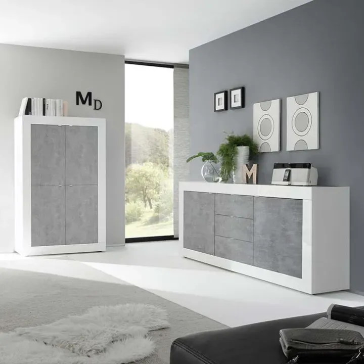 Madia 210x86h cm 2 ante 3 cassetti moderna bianco lucido cemento Eternity