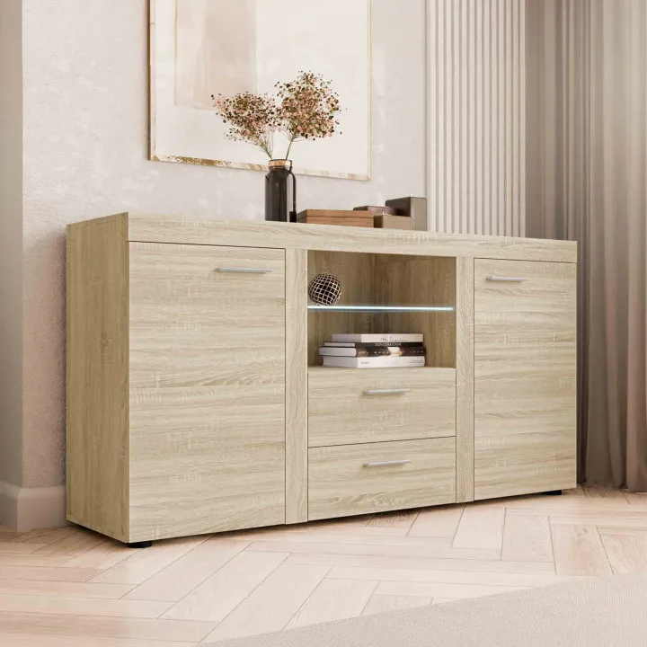 Madia 157x82h cm 2 ante 2 cassetti moderna con led rovere chiaro Haarlem