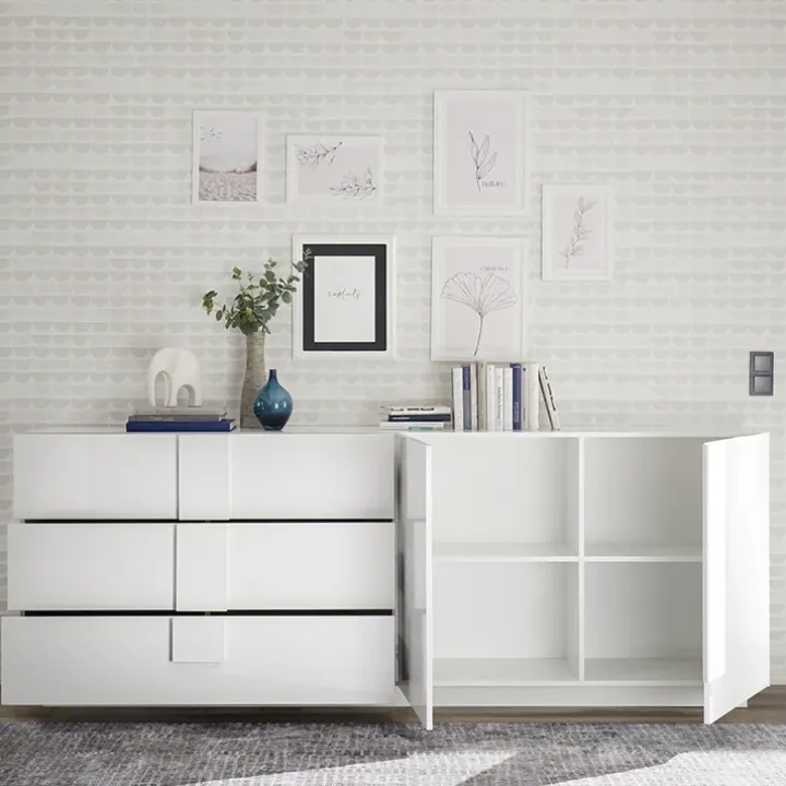Madia 241x90h cm 2 ante 3 cassetti moderna bianco laccato lucido Alvarez