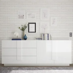 Madia 241x90h cm 2 ante 3 cassetti moderna bianco laccato lucido Alvarez