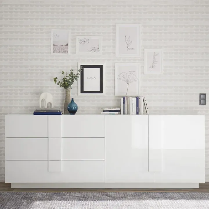 Madia 241x90h cm 2 ante 3 cassetti moderna bianco laccato lucido Alvarez