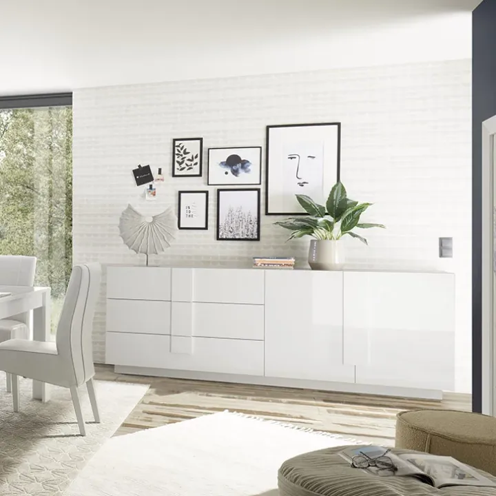 Madia 241x90h cm 2 ante 3 cassetti moderna bianco laccato lucido Alvarez