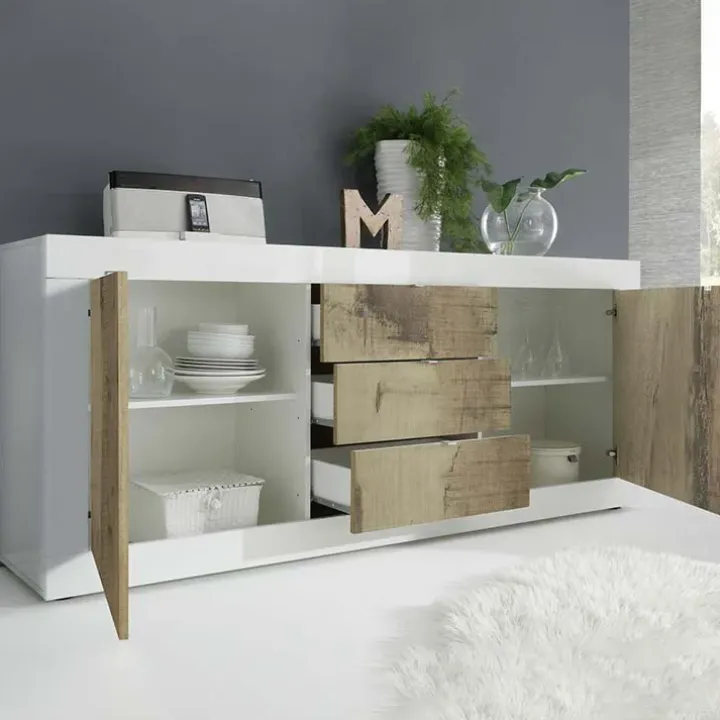 Madia 210x86h cm 2 ante 3 cassetti moderna bianco lucido pero Eternity