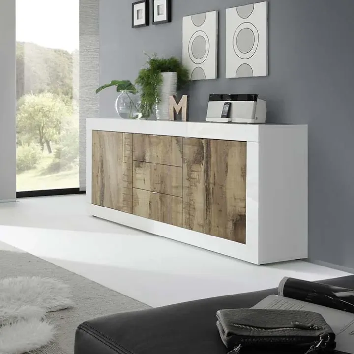 Madia 210x86h cm 2 ante 3 cassetti moderna bianco lucido pero Eternity