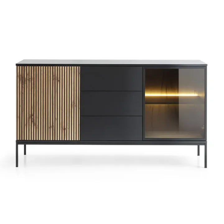 Madia 153x83h cm 2 ante 3 cassetti moderna nero rovere antico cannettato Bali