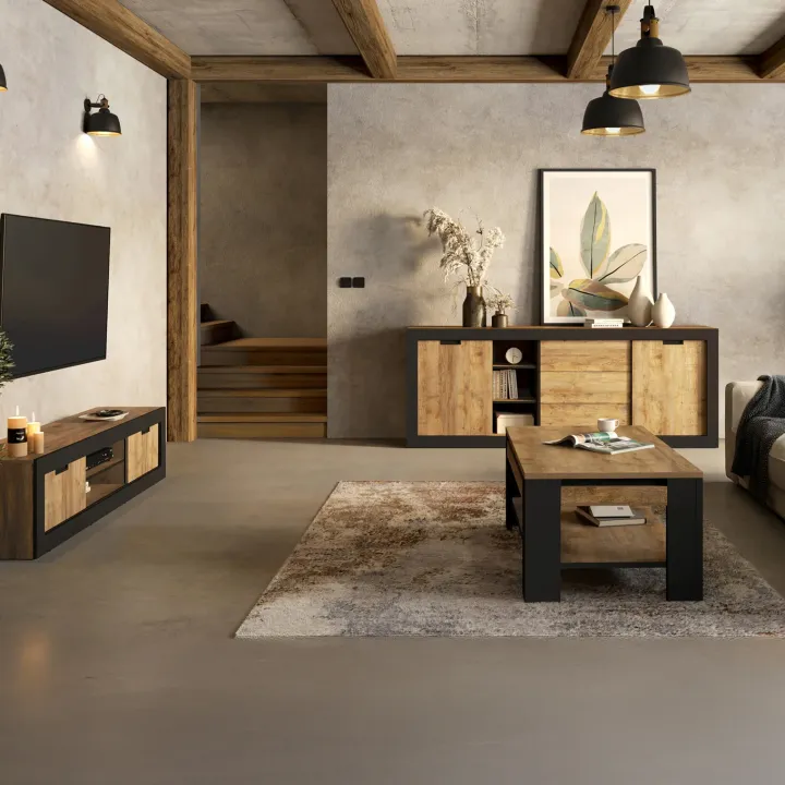 Madia 220x 85h cm 2 ante 3 cassetti rovere rustico nero Ilyssa