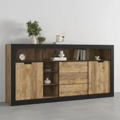 Madia 220x110 h cm 2 ante 3 cassetti 6 vani a giorno rovere rustico nero Ilyssa