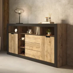 Madia 220x110 h cm 2 ante 3 cassetti 6 vani a giorno rovere rustico nero Ilyssa