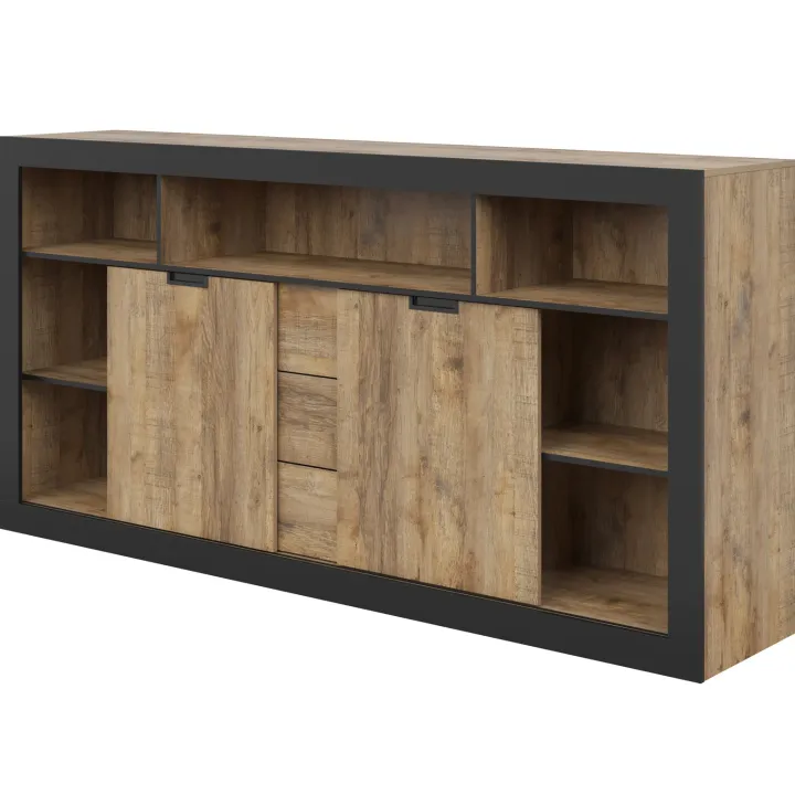 Madia 220x110 h cm 2 ante 3 cassetti 6 vani a giorno rovere rustico nero Ilyssa
