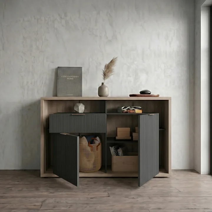 Madia 138x91h cm 2 ante 1 cassetto cannettato rovere nero Savona