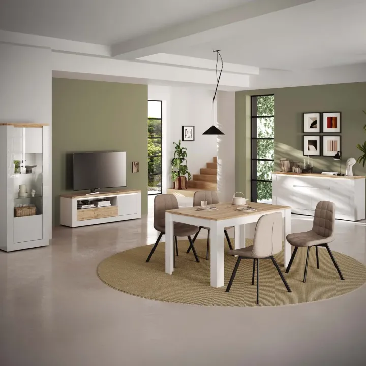 Madia 207x88h cm 4 ante 1 cassetto con led bianco lucido rovere chiaro Istria
