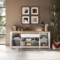 Madia 207x88h cm 4 ante 1 cassetto con led bianco lucido rovere chiaro Istria